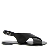 Crossed flat black leather sandal