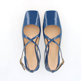 Low blue patent slingback with straps