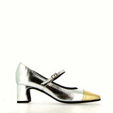 Silver leather shoes with strap and gold toe