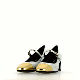 Silver leather shoes with strap and gold toe