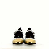 Silver leather shoes with strap and gold toe