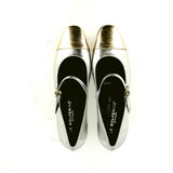 Silver leather shoes with strap and gold toe