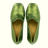 Mocassino metal verde soft su tacco