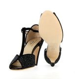 Sandalo nero in glitter e camoscio
