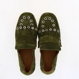 Studded green suede moccasin