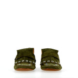 Studded green suede moccasin