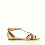 Sandalo flat cuoio oro e strass