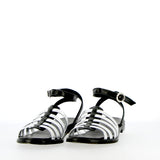 Sandalo flat in pelle nera e argento