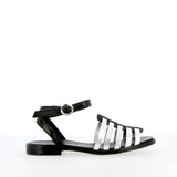 Sandalo flat in pelle nera e argento