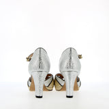 Silver gold cracked leather sandal with small platform