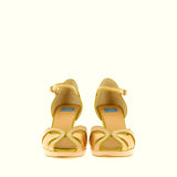 Rose gold metal leather sandal with small platform