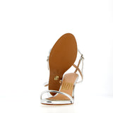 Silver sandal with ankle strap and heel