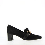 Black suede loafer with gold buckle