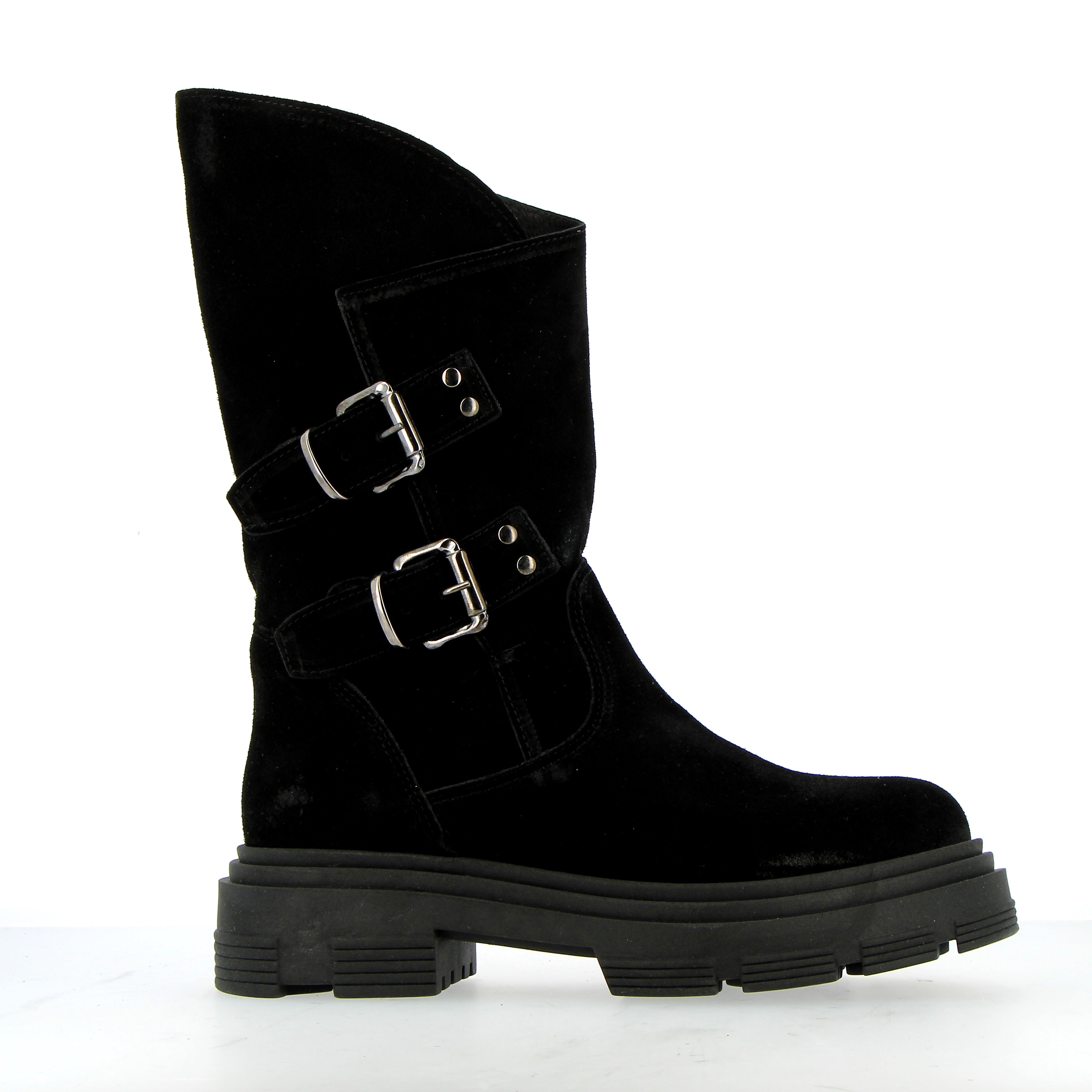 Black suede middle boot with buckles