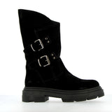 Black suede middle boot with buckles