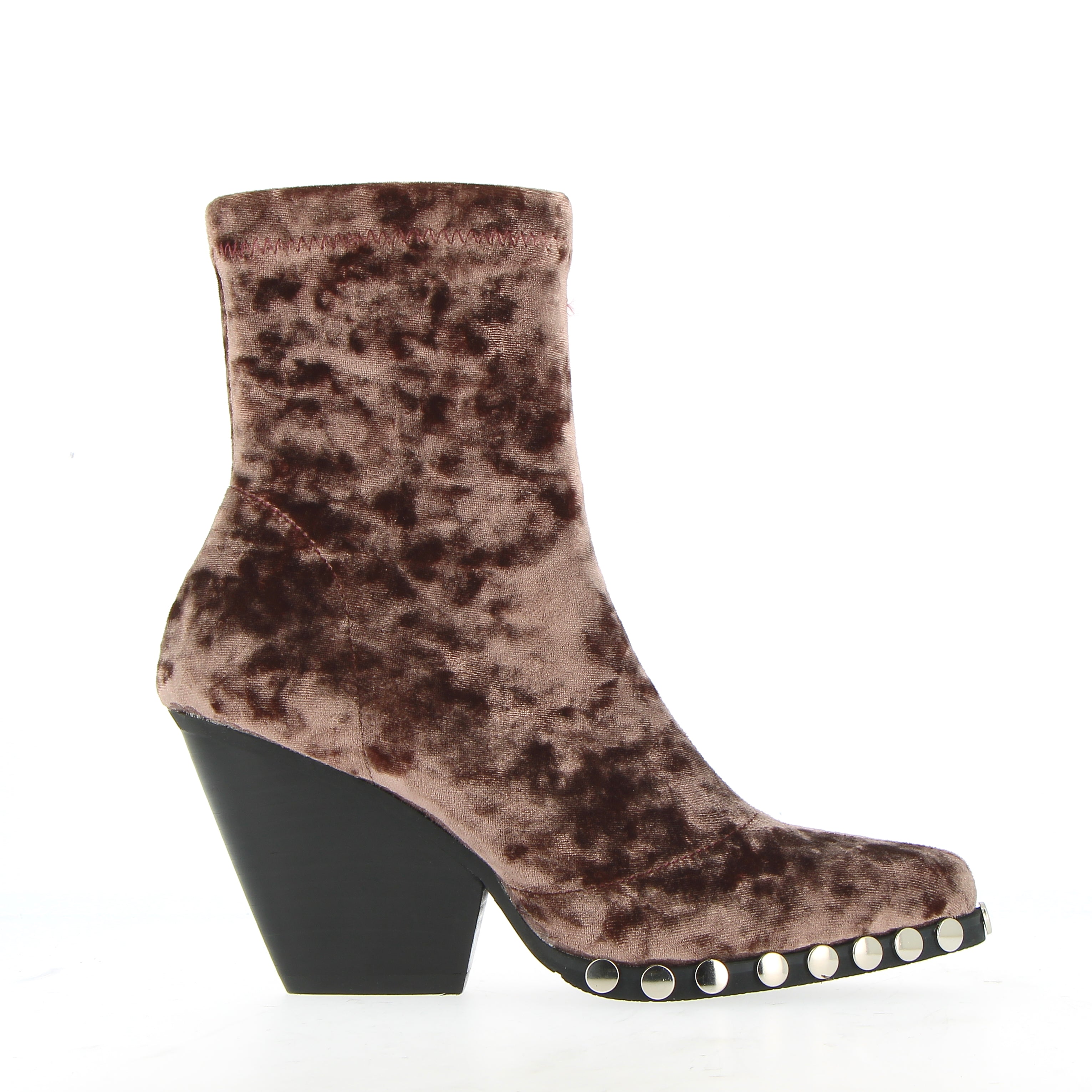 Taupe stretch velvet ankle boot with studs on the profile