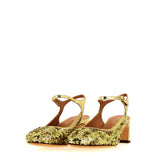 Gold glitter shoe with gold soft leather medium heel straps