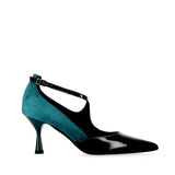 Petrol patent leather and teal suede pumps