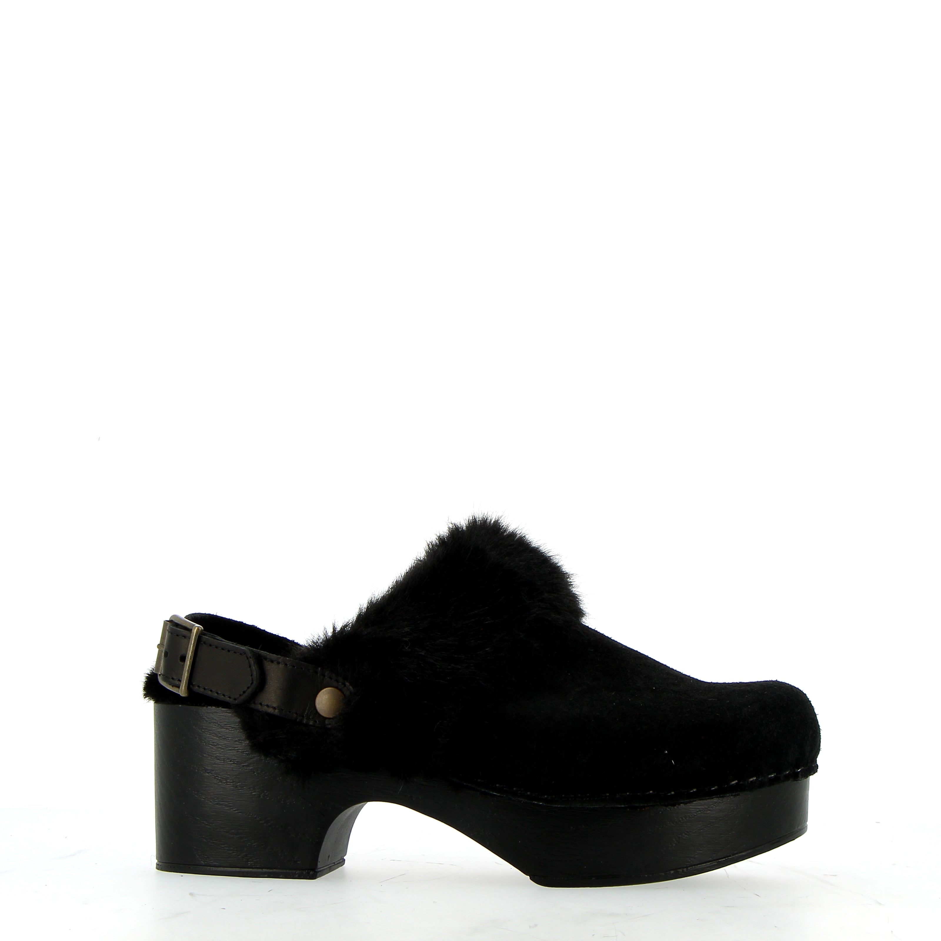 Black suede clog with ecofur lining