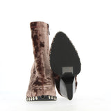 Taupe stretch velvet ankle boot with studs on the profile