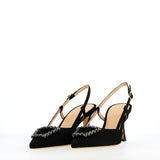Sling back in black satin with rhinestone accessory