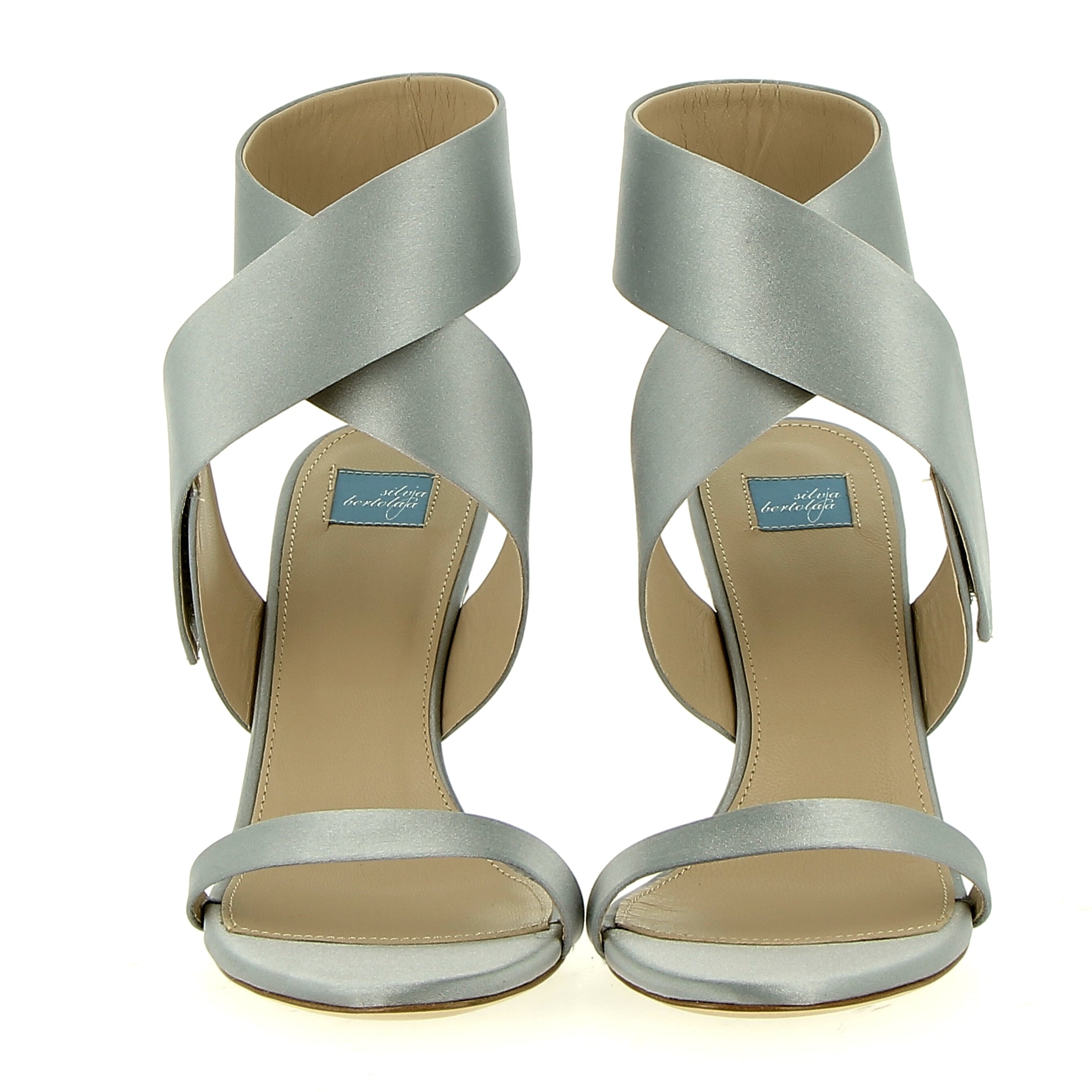 Strap sandal in silver gray satin