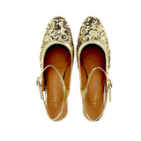 Gold glitter shoe with gold soft leather medium heel straps