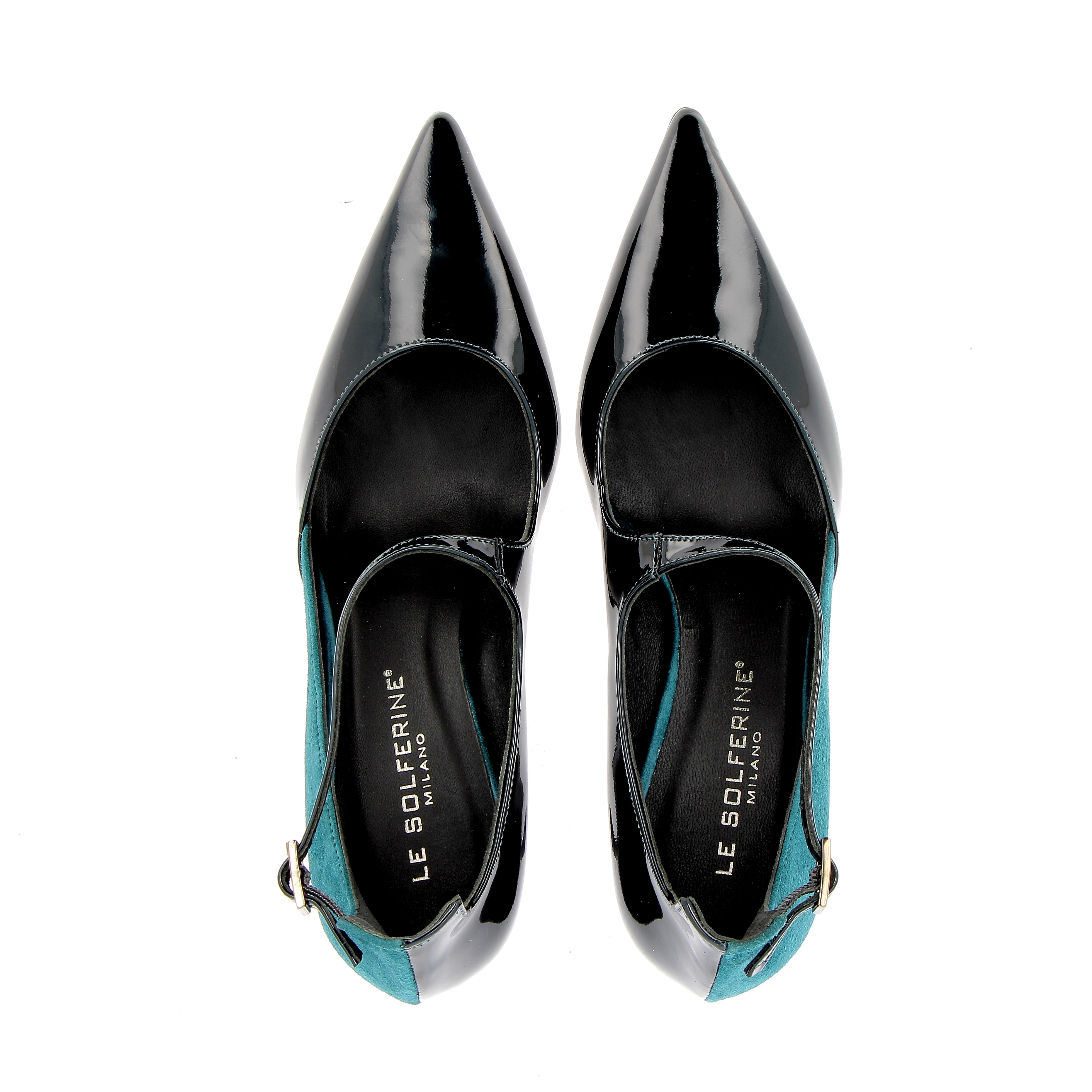 Petrol patent leather and teal suede pumps