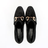 Black suede loafer with gold buckle