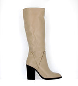 Soft stone-colored leather boot on the heel