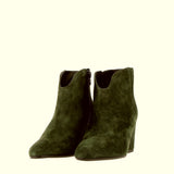 Forest green suede ankle boot with medium block heel