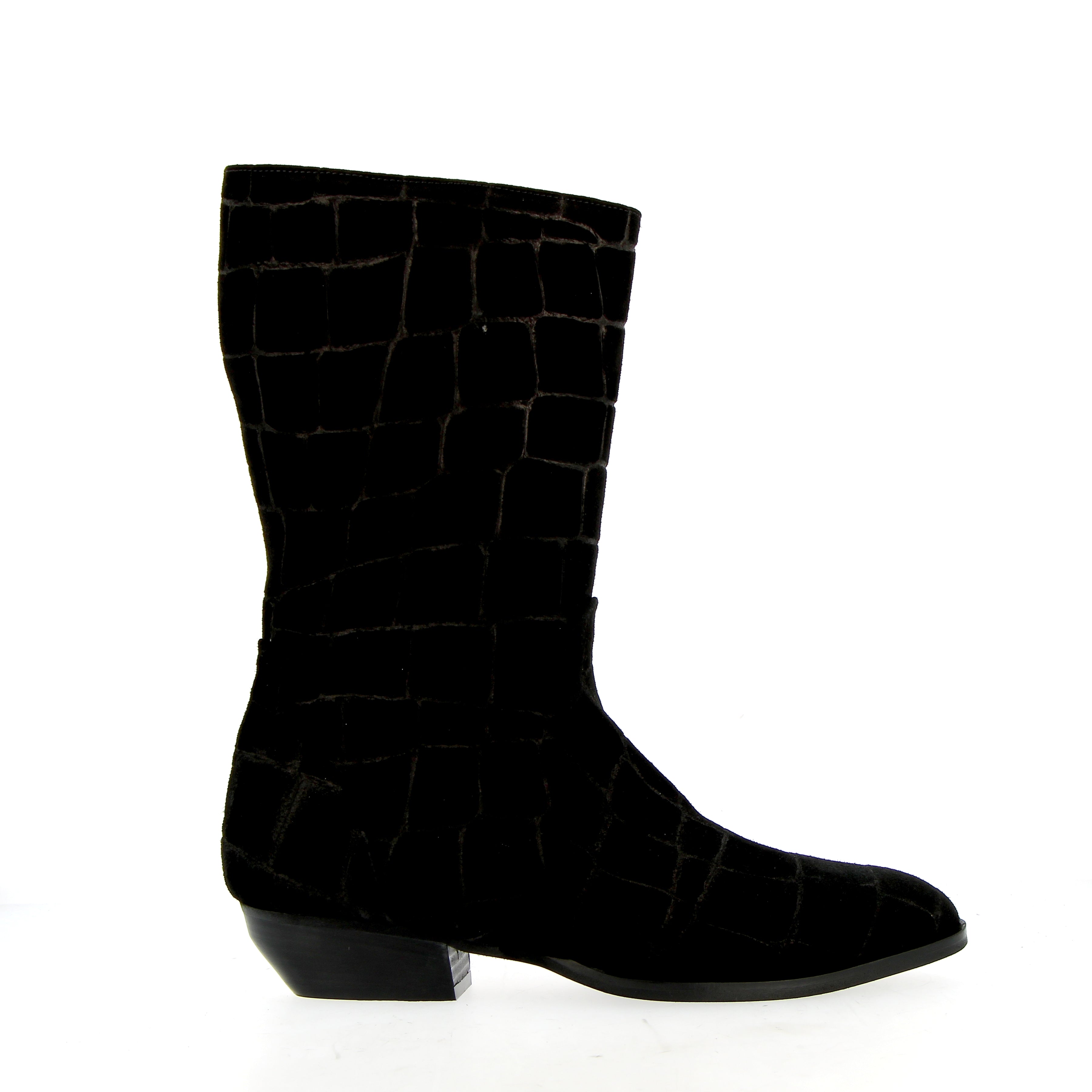 Black crocodile-print low-heel ankle boot