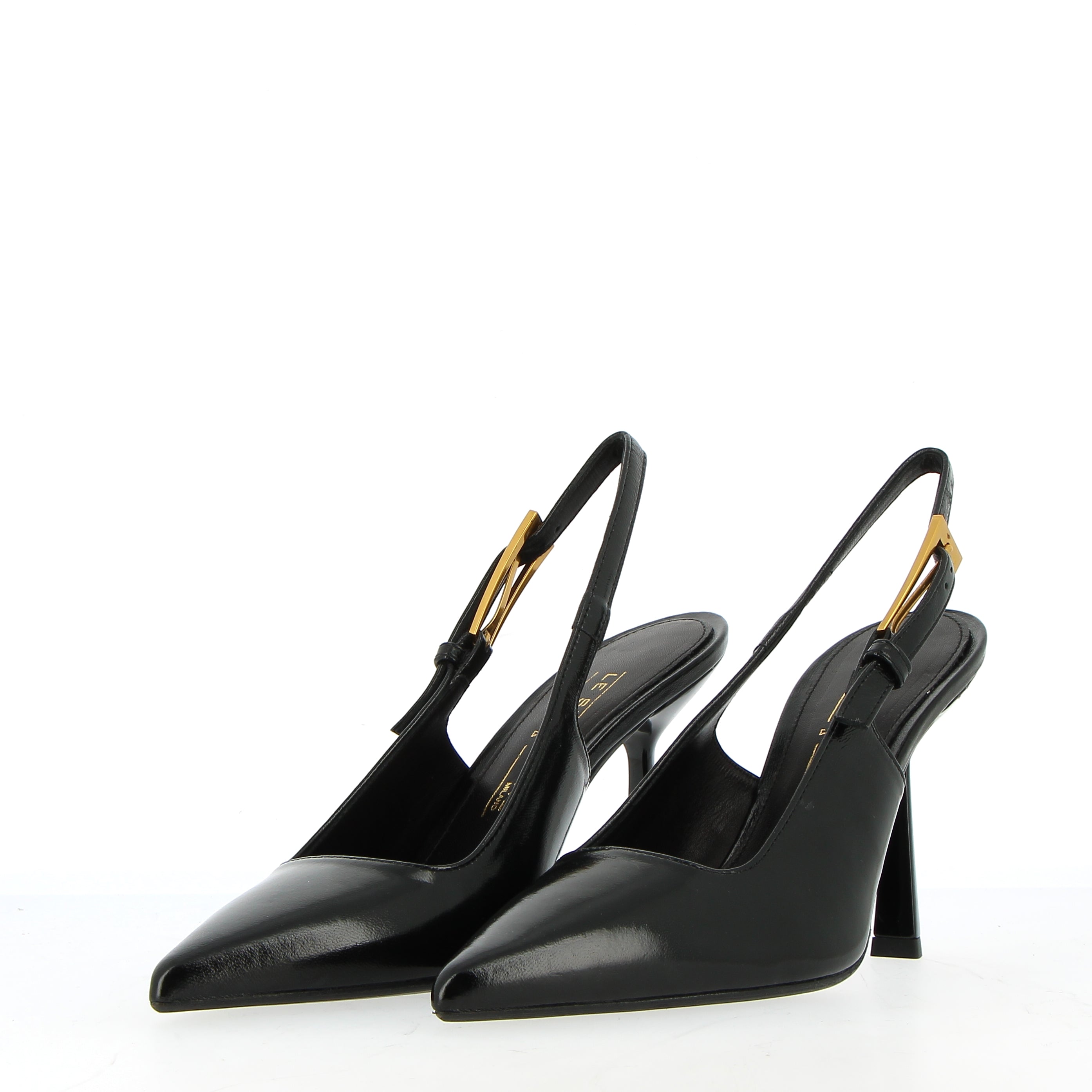 Black naplack slingback with golden buckle