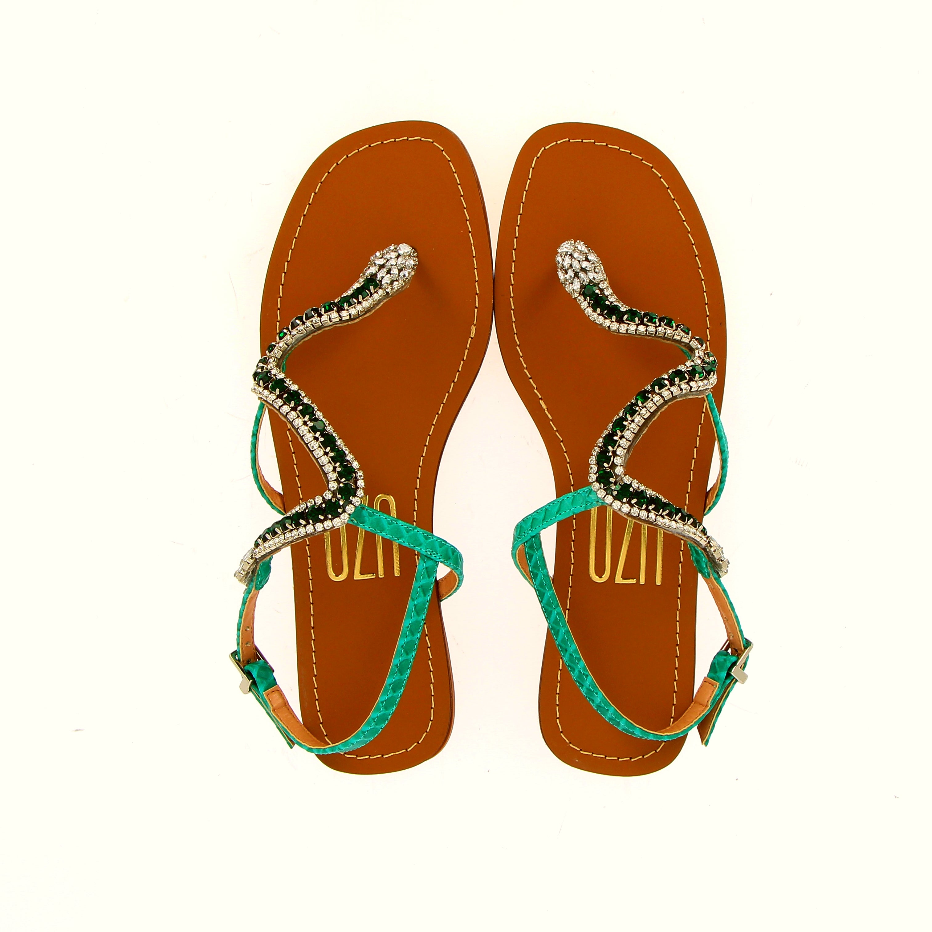 Jade python flat sandal with rhinestones