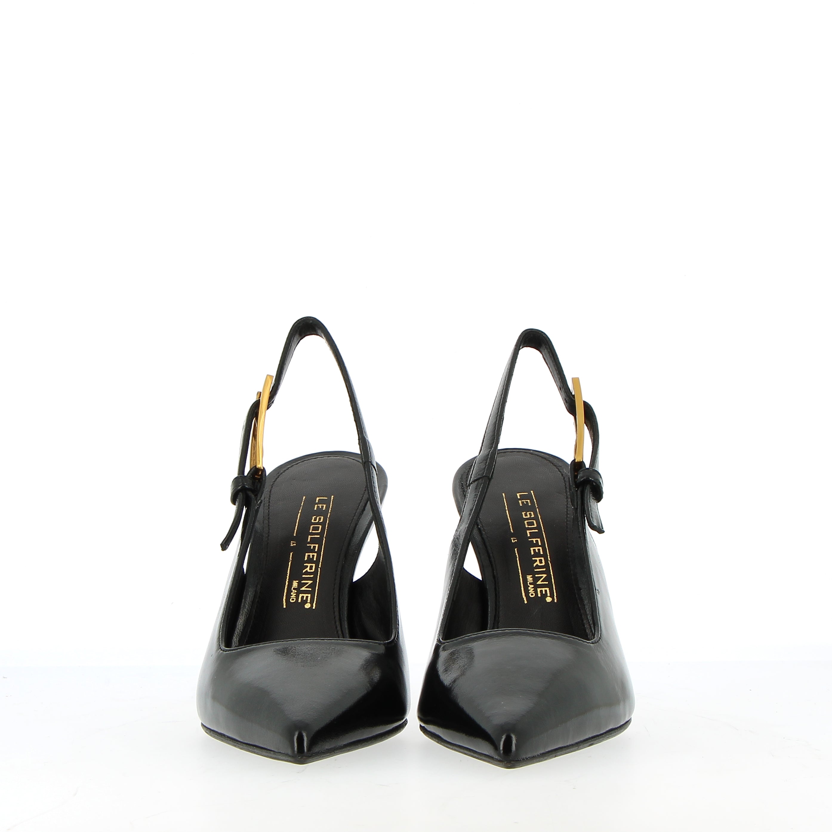 Black naplack slingback with golden buckle