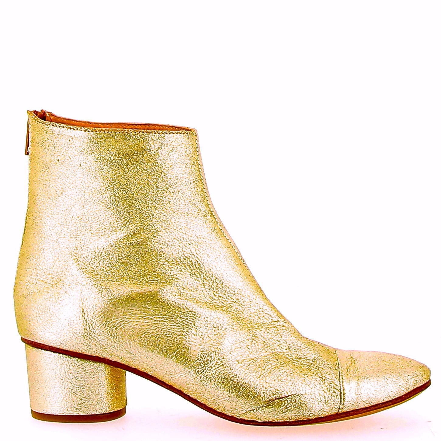 Vintage effect gold ankle boot with rounded heel
