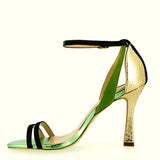 Sandal Green metal suede blue and gold on the heel
