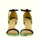 Sandalo Verde metallo camoscio blu e oro su tacco