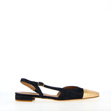 Sling back basso in demim con puntina pelle oro