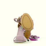 Lilac pink sandal on heel with pom pom lace