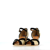 Cream and black leather sandal on medium heel