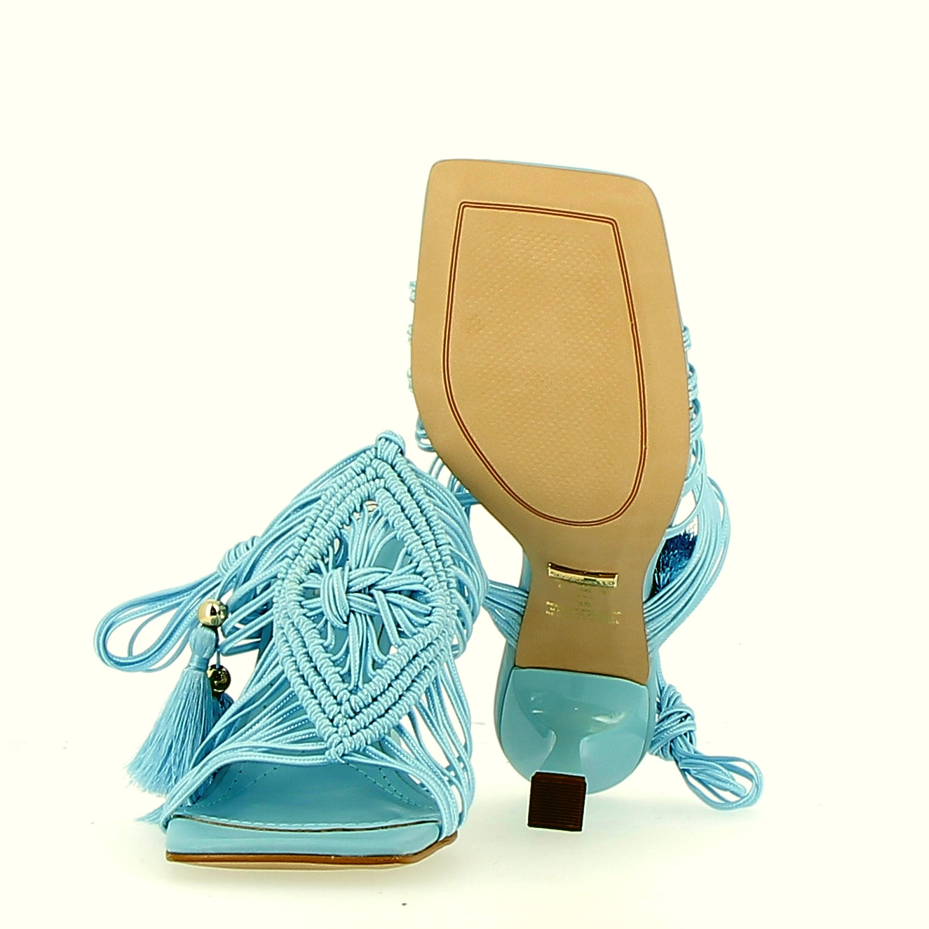 Celeste lace-up crochet-type sandal with lace and pom poms
