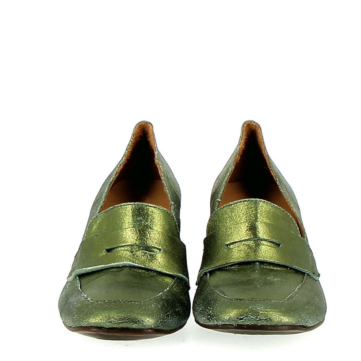 Soft green metal moccasin on the heel