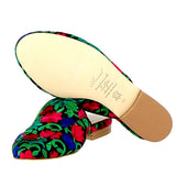 Low mules in black green red floral fabric