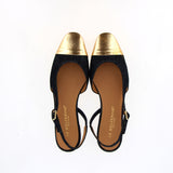 Low demim sling back with gold leather tack