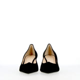 Black suede sweetheart neckline pumps