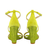 Lime suede sandal with glitter wedge