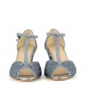 Open-toe Butterfly sandal medium heel sequins denim and cint. cam. grey