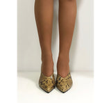 Heeled décolleté with snake-finish leather strap