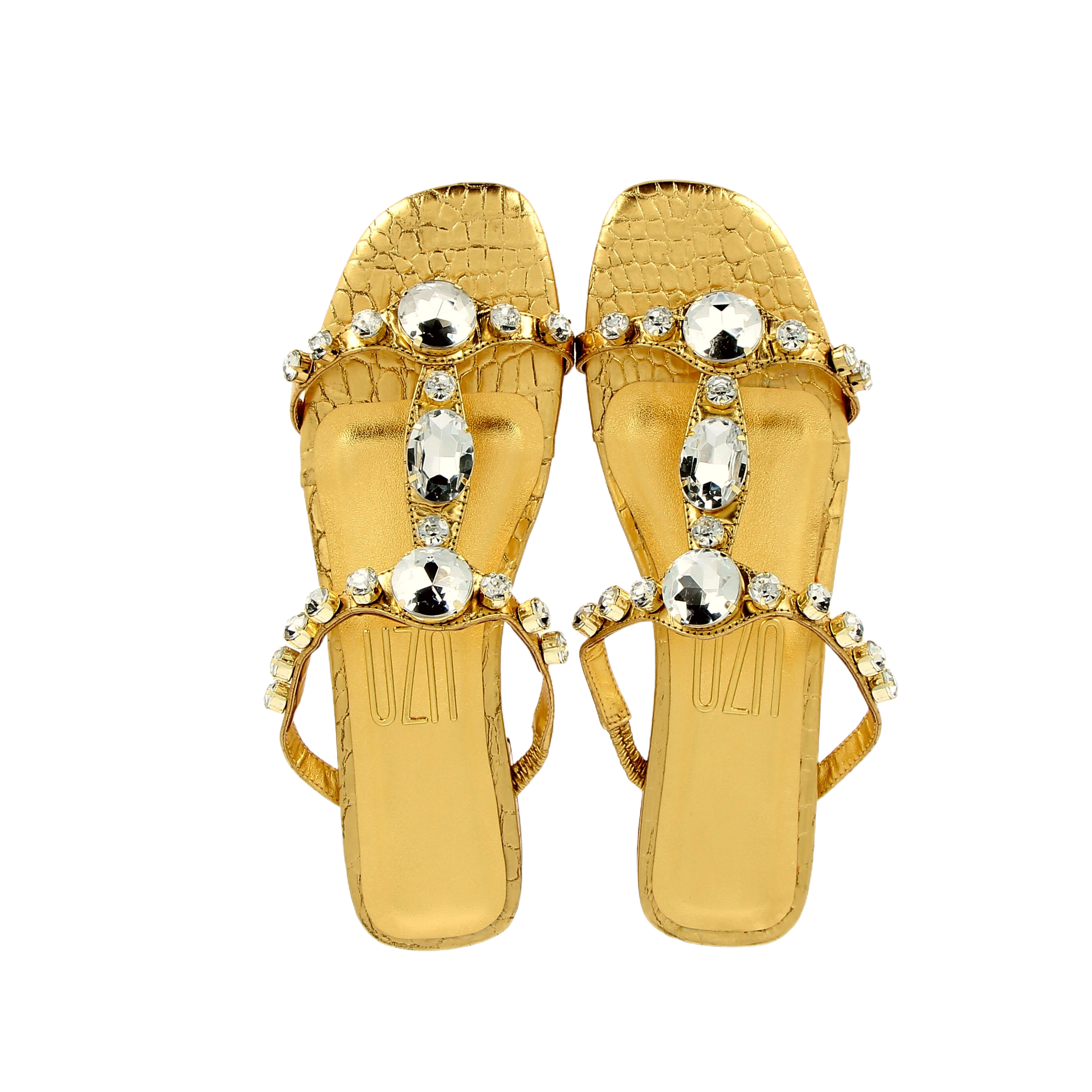 Gold croco flat sandal with rhinestone jewels